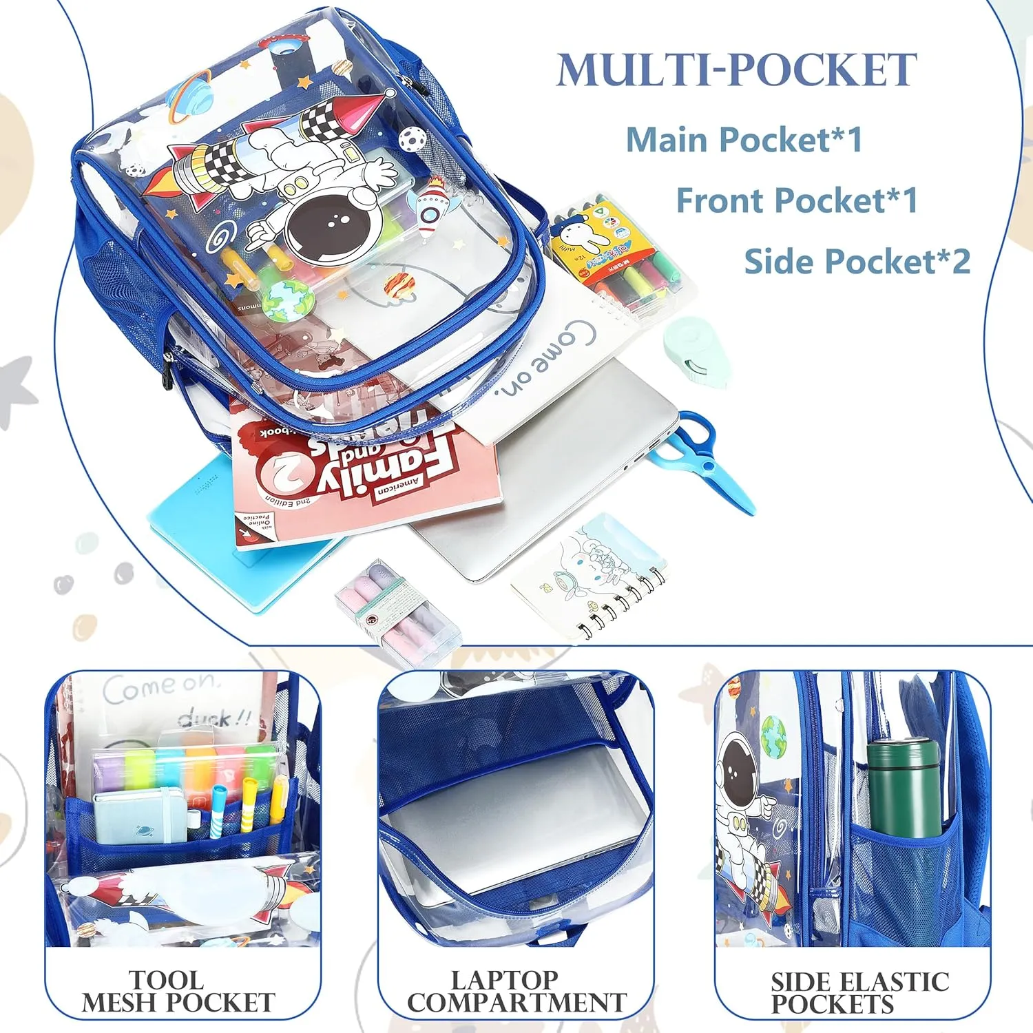 AO ALI VICTORY Clear Backpack for School,PVC Transparent Kids Bookbag for Girls Boys Cute Toddler Back Pack Kindergarten Elementary Schoolbag Stadium Approved See Through Backpacks,Blue Astronaut