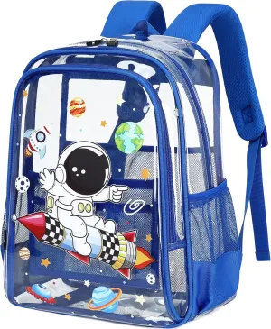 AO ALI VICTORY Clear Backpack for School,PVC Transparent Kids Bookbag for Girls Boys Cute Toddler Back Pack Kindergarten Elementary Schoolbag Stadium Approved See Through Backpacks,Blue Astronaut