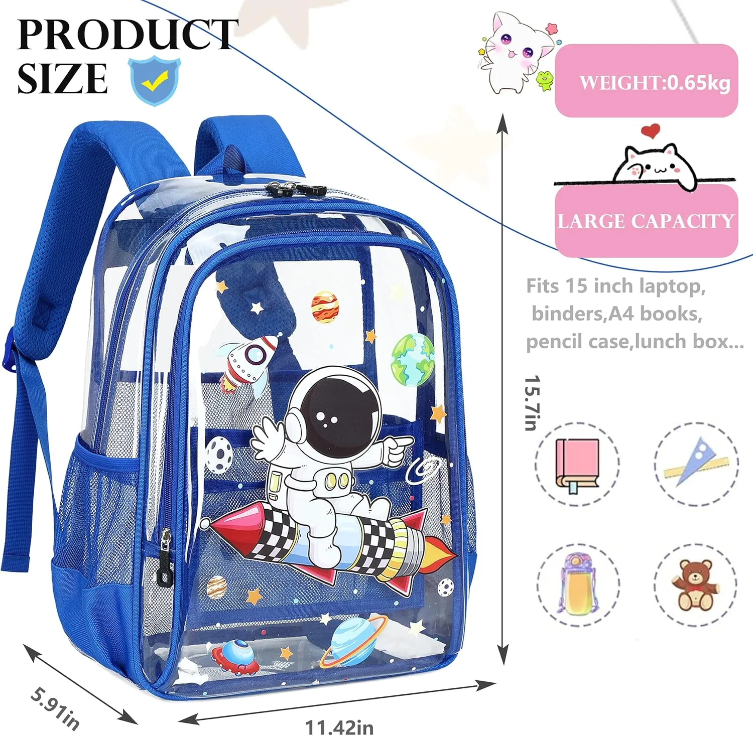 AO ALI VICTORY Clear Backpack for School,PVC Transparent Kids Bookbag for Girls Boys Cute Toddler Back Pack Kindergarten Elementary Schoolbag Stadium Approved See Through Backpacks,Blue Astronaut