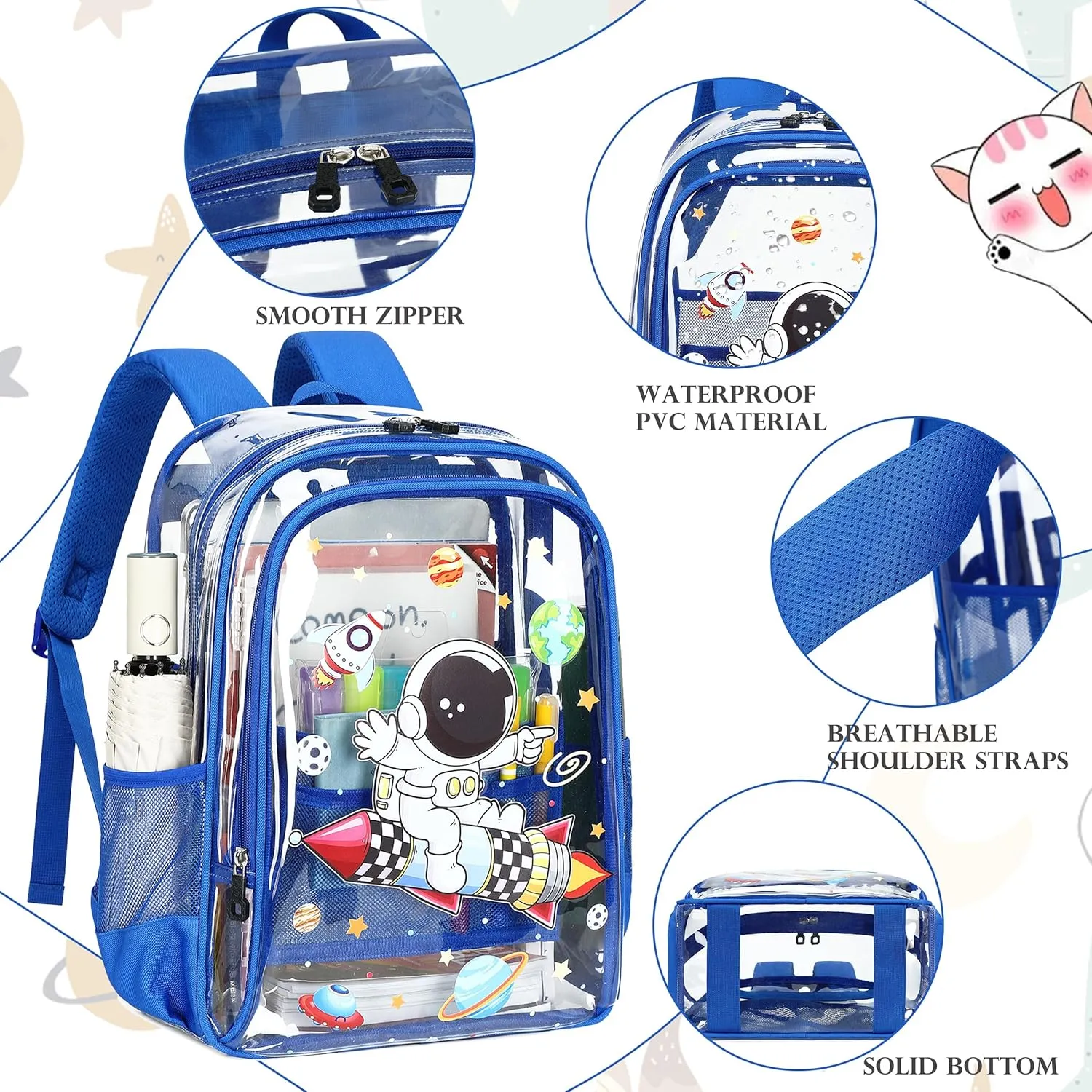AO ALI VICTORY Clear Backpack for School,PVC Transparent Kids Bookbag for Girls Boys Cute Toddler Back Pack Kindergarten Elementary Schoolbag Stadium Approved See Through Backpacks,Blue Astronaut