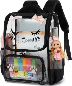 AO ALI VICTORY Clear Girls Backpacks Heavy Duty PVC Transparent Cute Backpack for Kids Toddler Girls Preschool Bookbags Elementary School Bag See Through Casual Travel Daypack, Black