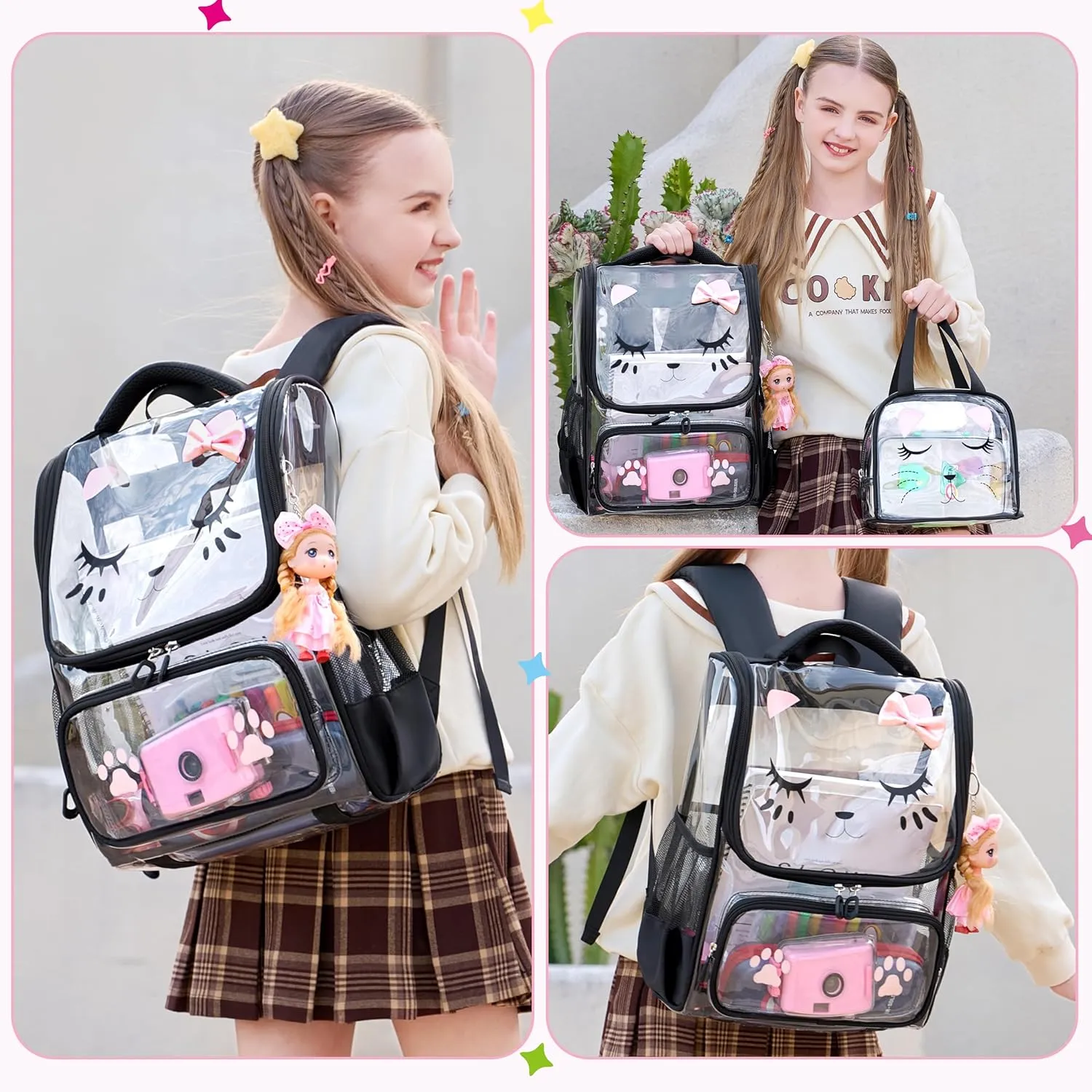 AO ALI VICTORY Clear Girls Backpacks Heavy Duty PVC Transparent Cute Backpack for Kids Toddler Girls Preschool Bookbags Elementary School Bag See Through Casual Travel Daypack, Black