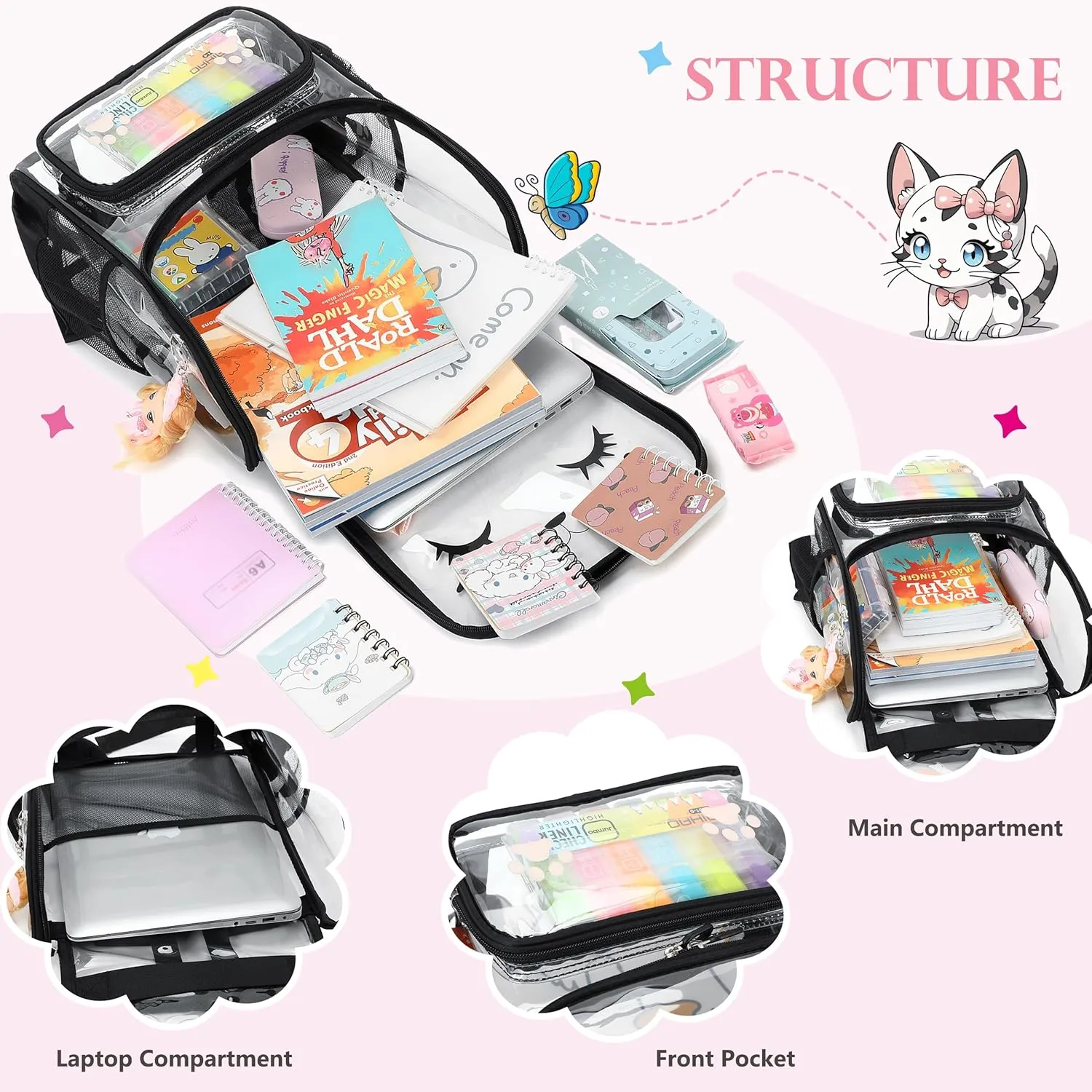 AO ALI VICTORY Clear Girls Backpacks Heavy Duty PVC Transparent Cute Backpack for Kids Toddler Girls Preschool Bookbags Elementary School Bag See Through Casual Travel Daypack, Black