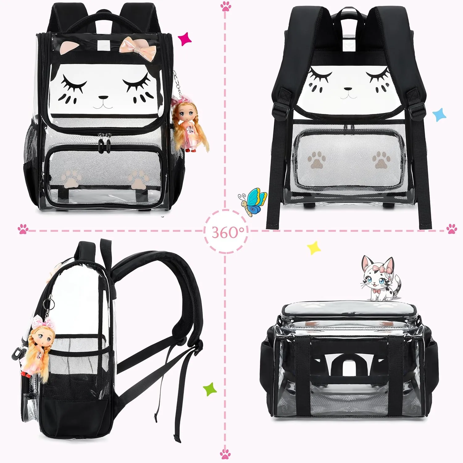 AO ALI VICTORY Clear Girls Backpacks Heavy Duty PVC Transparent Cute Backpack for Kids Toddler Girls Preschool Bookbags Elementary School Bag See Through Casual Travel Daypack, Black