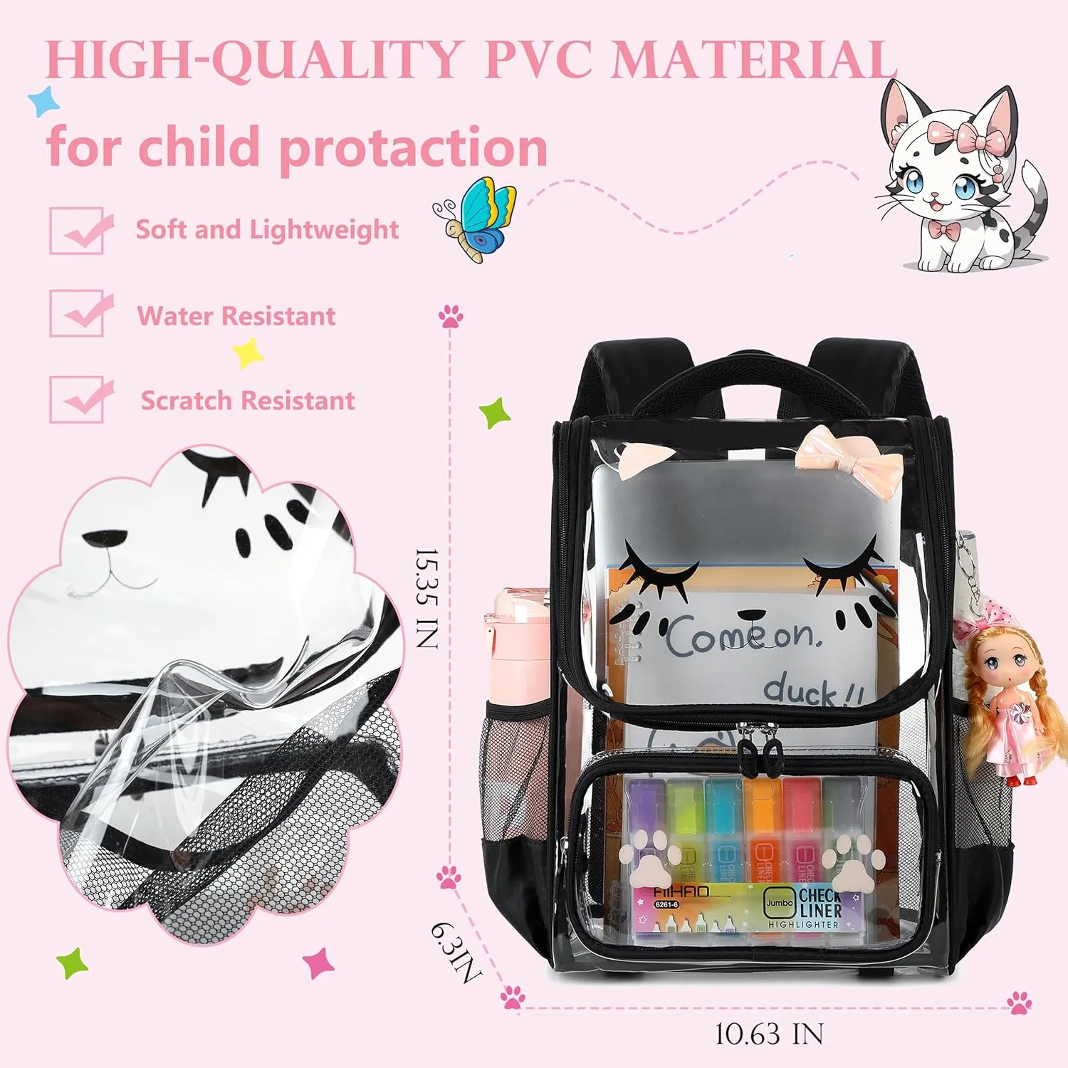 AO ALI VICTORY Clear Girls Backpacks Heavy Duty PVC Transparent Cute Backpack for Kids Toddler Girls Preschool Bookbags Elementary School Bag See Through Casual Travel Daypack, Black