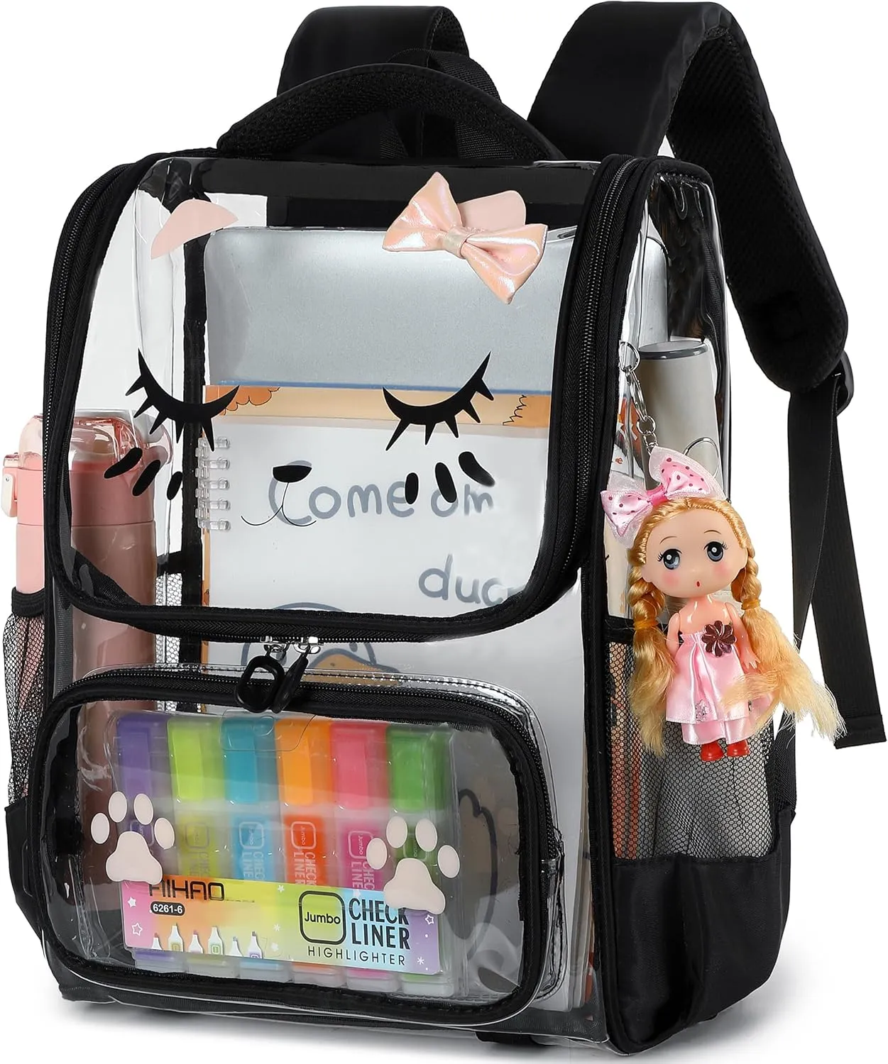 AO ALI VICTORY Clear Girls Backpacks Heavy Duty PVC Transparent Cute Backpack for Kids Toddler Girls Preschool Bookbags Elementary School Bag See Through Casual Travel Daypack, Black