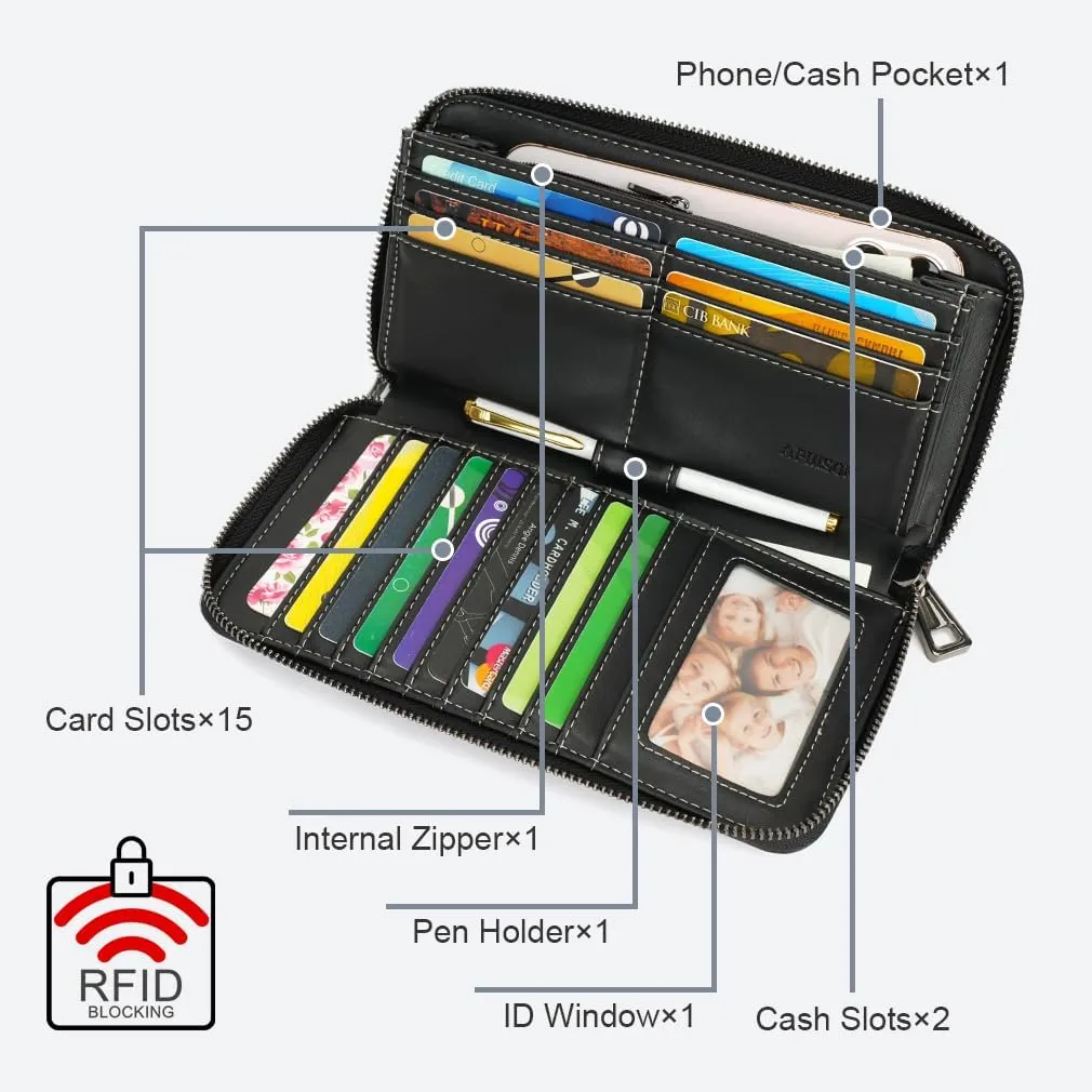 APHISON Wallet Women Large Capacity Clutch Purse For Ladies Card Holder RFID Wristlet Phone Zipper Coin Travel Pocket