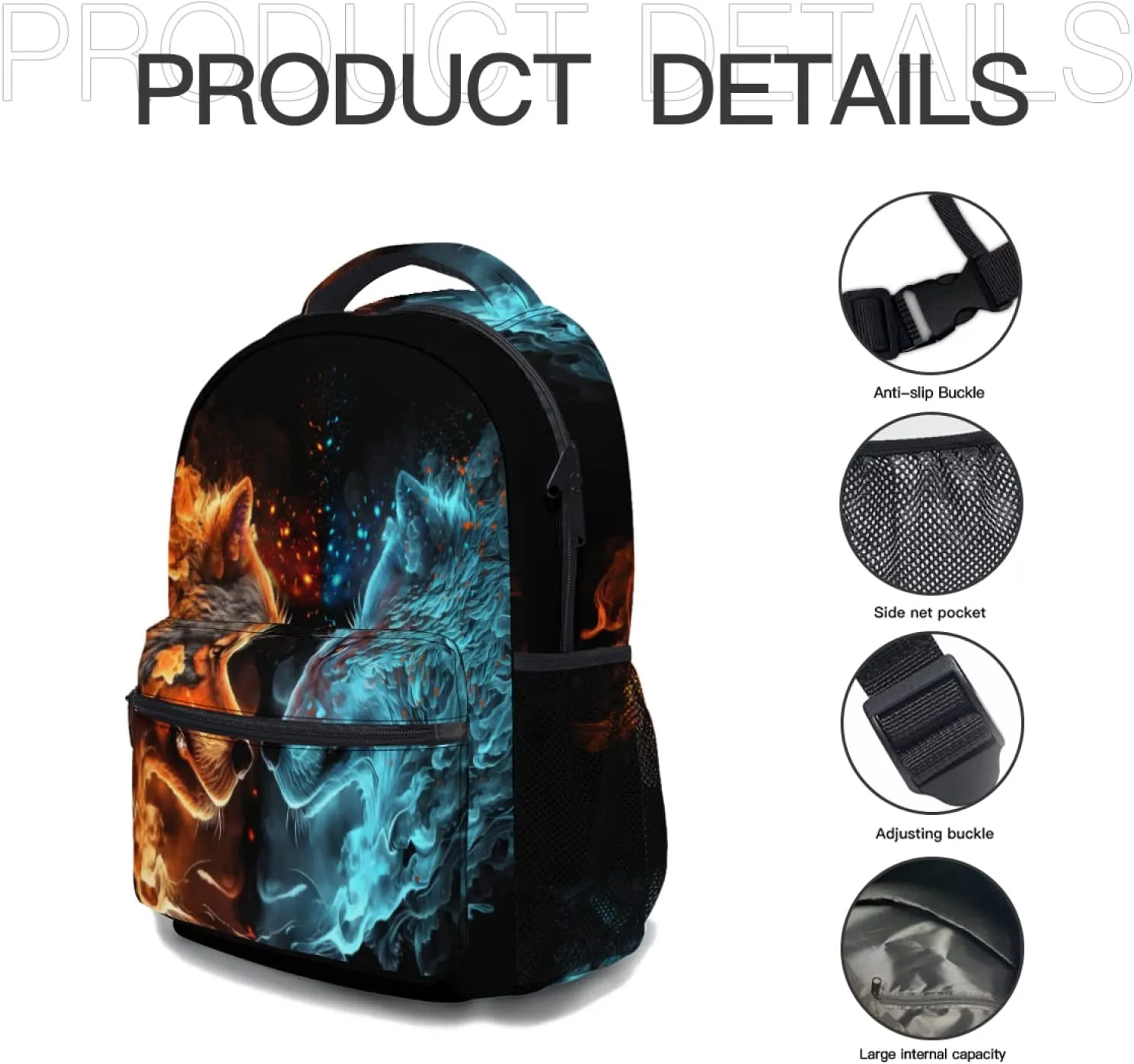aportt Blue Red Fire Water Wolf Backpack for Boys Girls Durable Casual Basic Kids Bookbag Lightweight School Bag for Teens Students Travel Hiking Camping Daypack