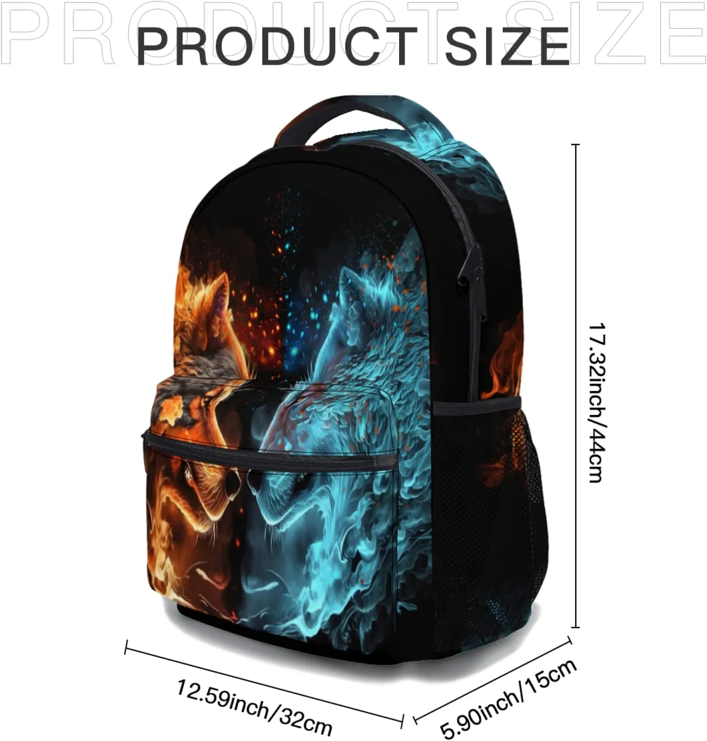 aportt Blue Red Fire Water Wolf Backpack for Boys Girls Durable Casual Basic Kids Bookbag Lightweight School Bag for Teens Students Travel Hiking Camping Daypack