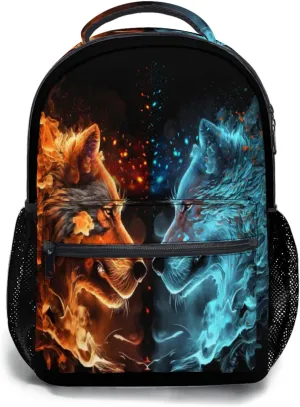 aportt Blue Red Fire Water Wolf Backpack for Boys Girls Durable Casual Basic Kids Bookbag Lightweight School Bag for Teens Students Travel Hiking Camping Daypack