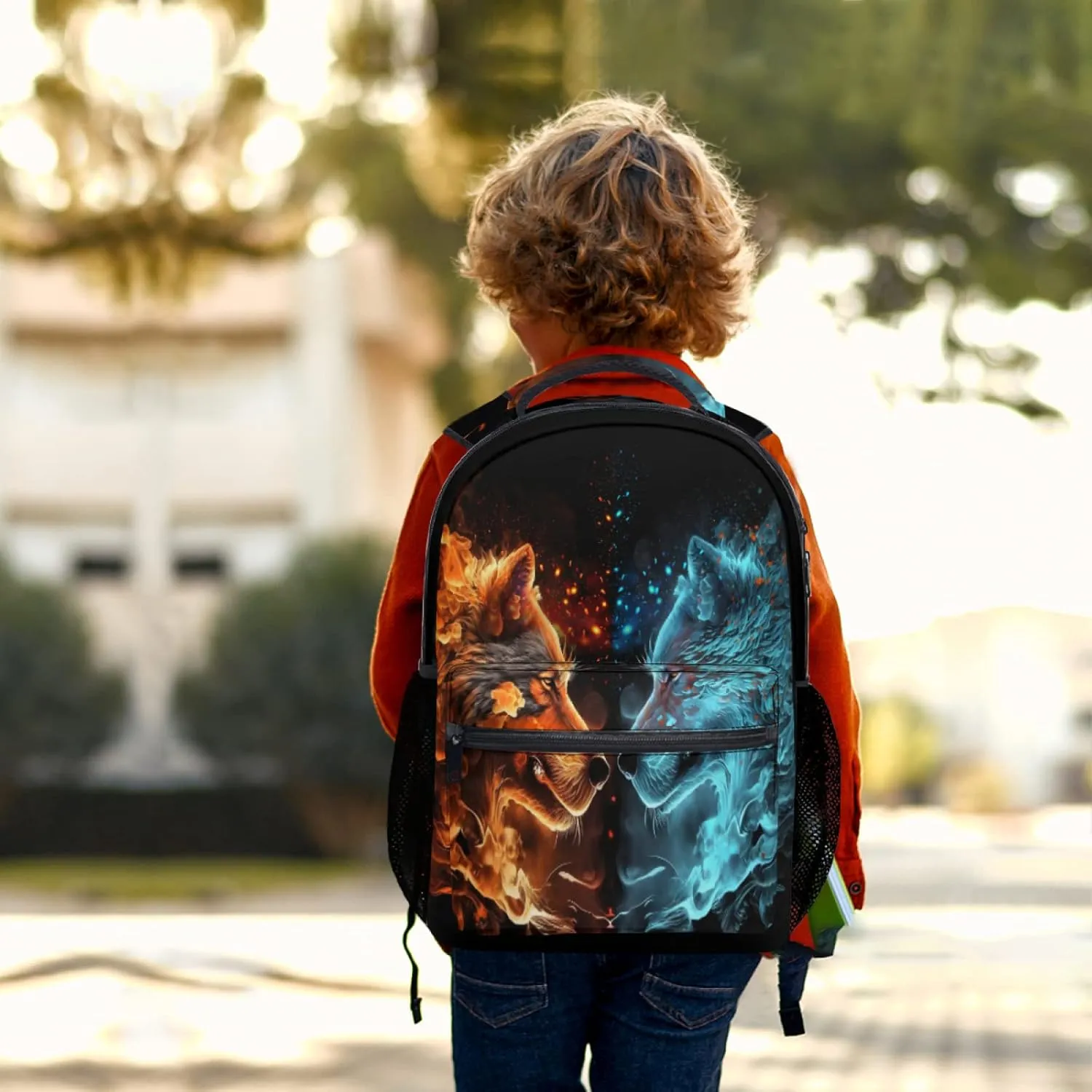 aportt Blue Red Fire Water Wolf Backpack for Boys Girls Durable Casual Basic Kids Bookbag Lightweight School Bag for Teens Students Travel Hiking Camping Daypack