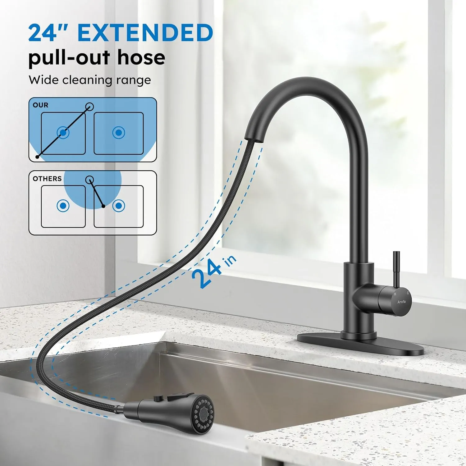 Arofa Matte Black Kitchen Faucet, Kitchen Sink Faucet with Pull Down Sprayer Single Handle Stainless Steel Commercial Modern for 1 or 3 Hole Farmhouse Camper Laundry Utility Rv Bar Sinks