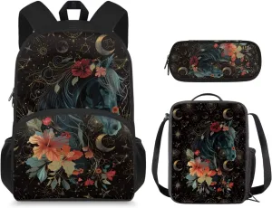 Art Horse Floral Backpack for Girls, Kids Backpack with Lunch Box Zip Pencil Case 15 inch Study School Bag with Side Pocket Cute Bookbag with Adjustable Shoulder Strap for Preschool Girls