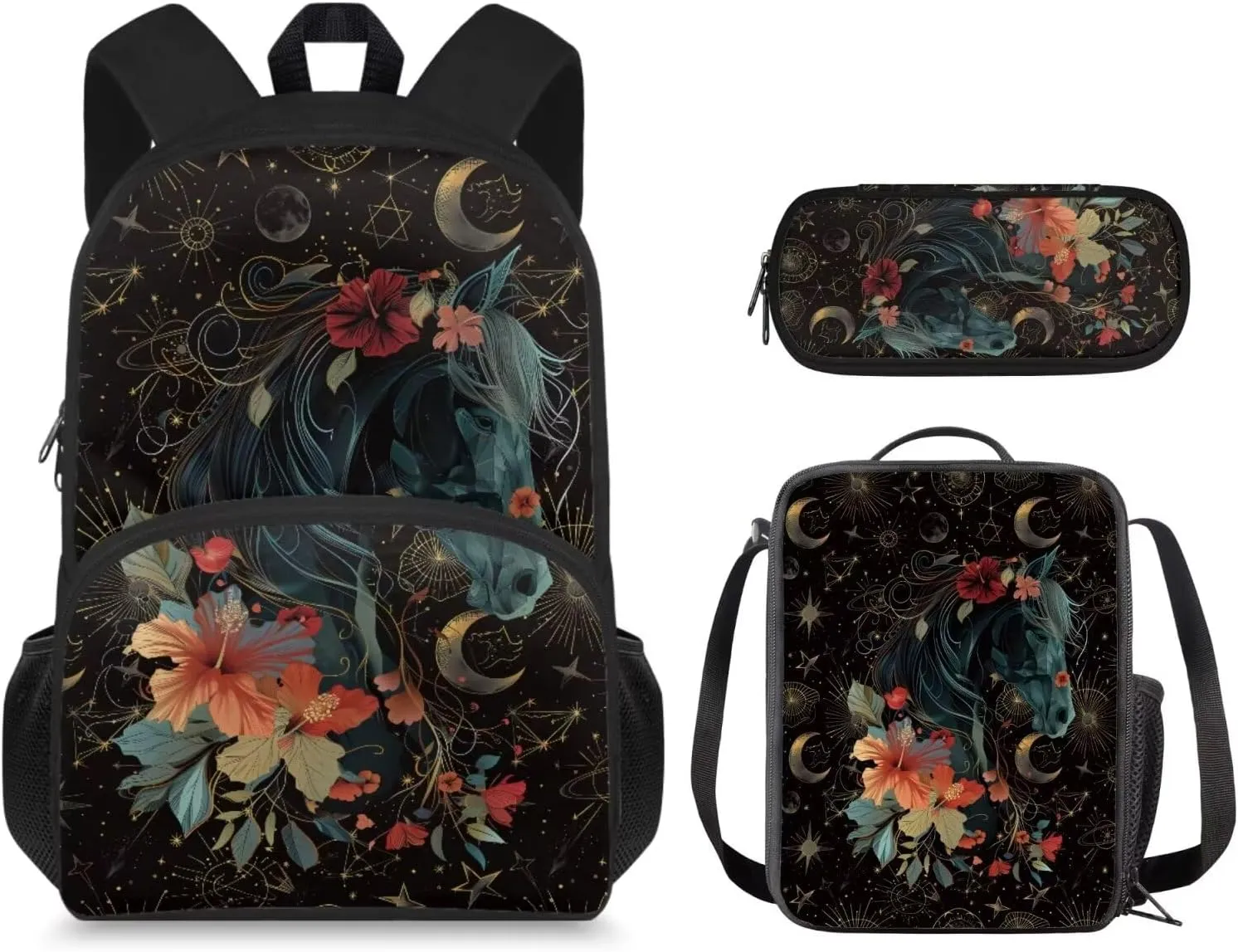 Art Horse Floral Backpack for Girls, Kids Backpack with Lunch Box Zip Pencil Case 15 inch Study School Bag with Side Pocket Cute Bookbag with Adjustable Shoulder Strap for Preschool Girls
