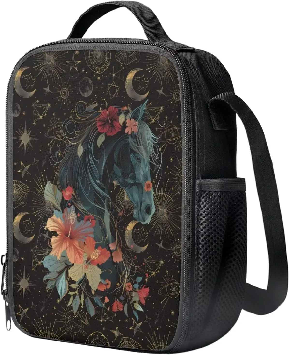 Art Horse Floral Backpack for Girls, Kids Backpack with Lunch Box Zip Pencil Case 15 inch Study School Bag with Side Pocket Cute Bookbag with Adjustable Shoulder Strap for Preschool Girls