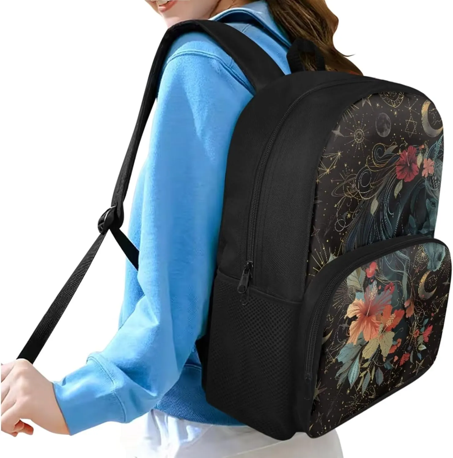 Art Horse Floral Backpack for Girls, Kids Backpack with Lunch Box Zip Pencil Case 15 inch Study School Bag with Side Pocket Cute Bookbag with Adjustable Shoulder Strap for Preschool Girls