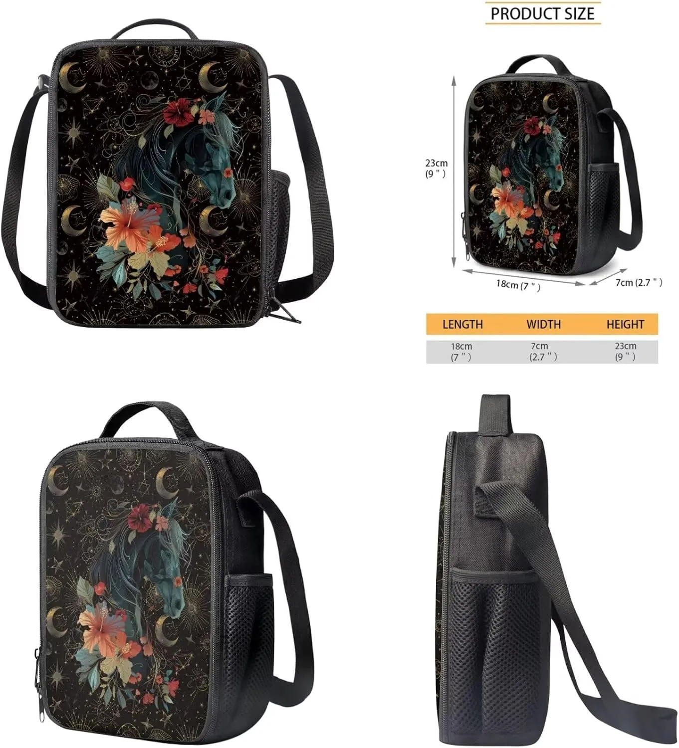 Art Horse Floral Backpack for Girls, Kids Backpack with Lunch Box Zip Pencil Case 15 inch Study School Bag with Side Pocket Cute Bookbag with Adjustable Shoulder Strap for Preschool Girls