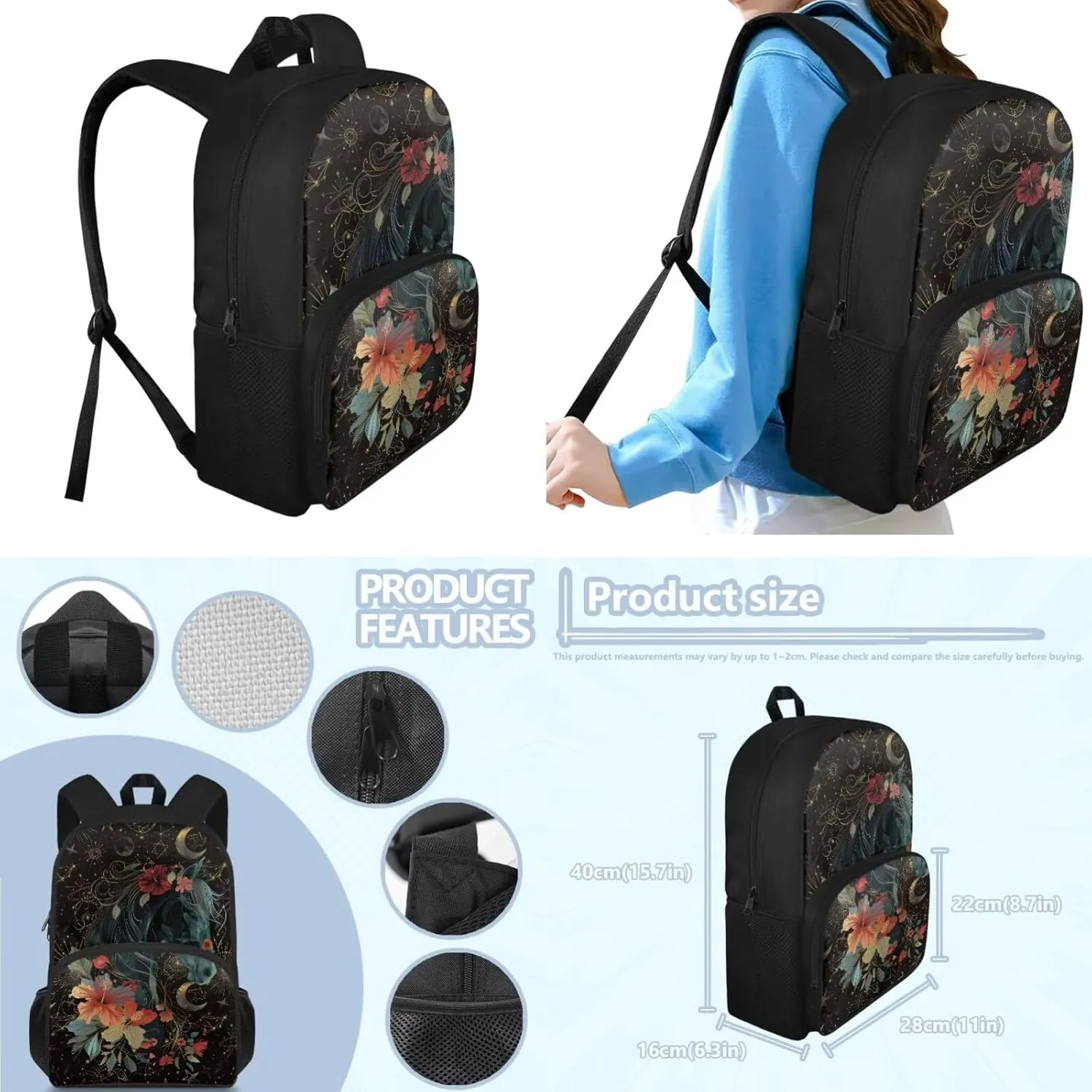 Art Horse Floral Backpack for Girls, Kids Backpack with Lunch Box Zip Pencil Case 15 inch Study School Bag with Side Pocket Cute Bookbag with Adjustable Shoulder Strap for Preschool Girls