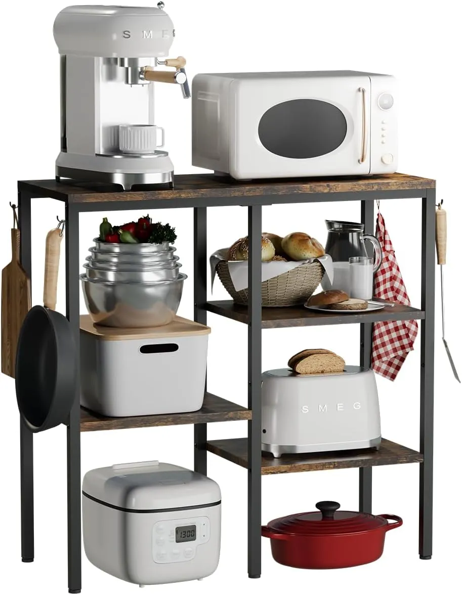 Artibear 4-Tier Kitchen Microwave Oven Stand, Adjustable Coffee Bar Station for Small Appliance, Baker's Rack with 4 Hooks & 5 Storage Shelves, Utility Rack for Kitchen, Living Room, Office, Black