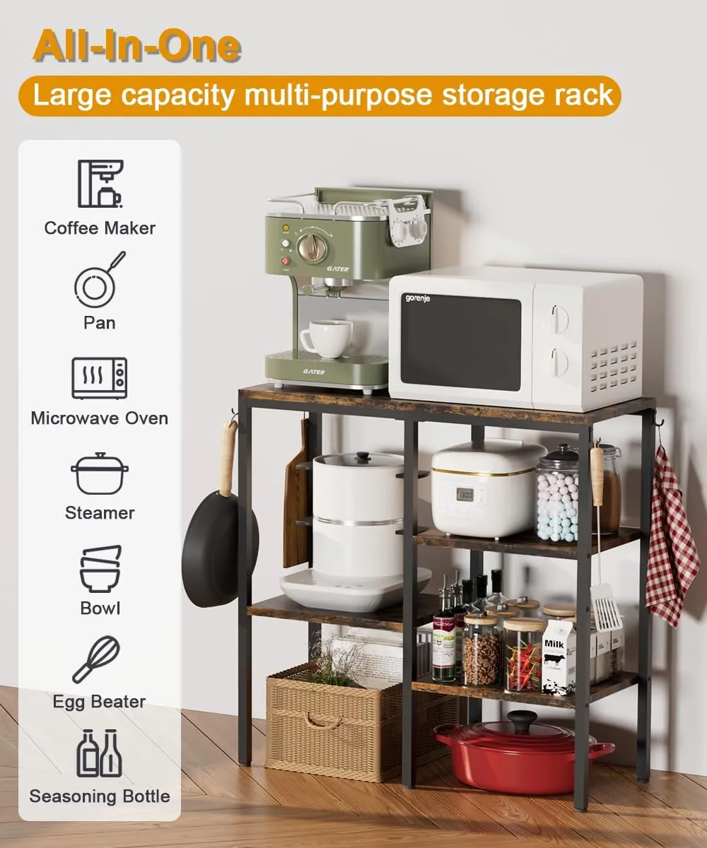 Artibear 4-Tier Kitchen Microwave Oven Stand, Adjustable Coffee Bar Station for Small Appliance, Baker's Rack with 4 Hooks & 5 Storage Shelves, Utility Rack for Kitchen, Living Room, Office, Black
