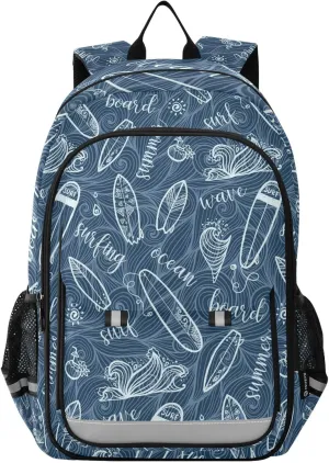 Aslsiy Kids Backpack Dark Blue Surfing Boards School Backpack for Boys Girls Signs Book Bags Daycare 17 Inch Laptop Bag