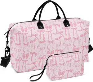 Aslsiy Travel Duffel Bags for Women Cute Coquette Ribbon Bow Sport Duffel Bag Pink Star Weekender Bag Gym Bag with Toiletry Bag Carry on Overnight Bag