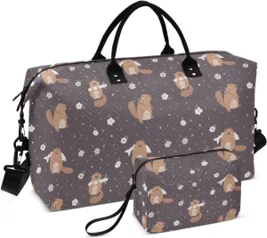 Aslsiy Travel Duffel Bags for Women Forest with Funny Beavers Sports Duffel Bag Flowers Weekender Bags Gym Bag with Toiletry Bag Carry on Overnight Bag