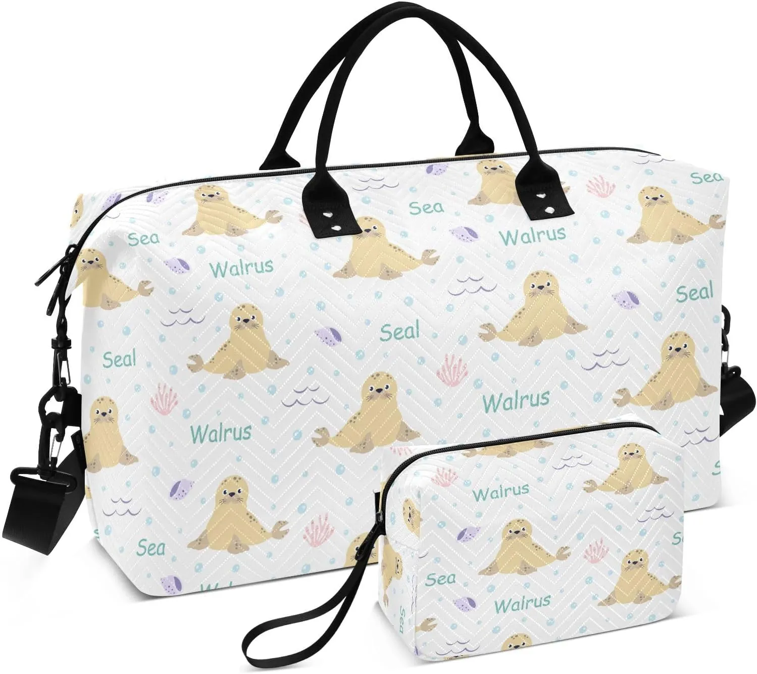 Aslsiy Travel Duffel Bags for Women Ocean Animals on White Sports Duffel Bags Seal Walrus Weekender Bags Gym Bag with Toiletry Bag Carry on Overnight Bag