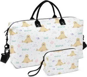 Aslsiy Travel Duffel Bags for Women Ocean Animals on White Sports Duffel Bags Seal Walrus Weekender Bags Gym Bag with Toiletry Bag Carry on Overnight Bag