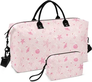 Aslsiy Travel Duffel Bags for Women Shellfish Summer Beach Sports Duffel Bag Pink Wave Weekender Bags Gym Bag with Toiletry Bag Carry on Overnight Bag