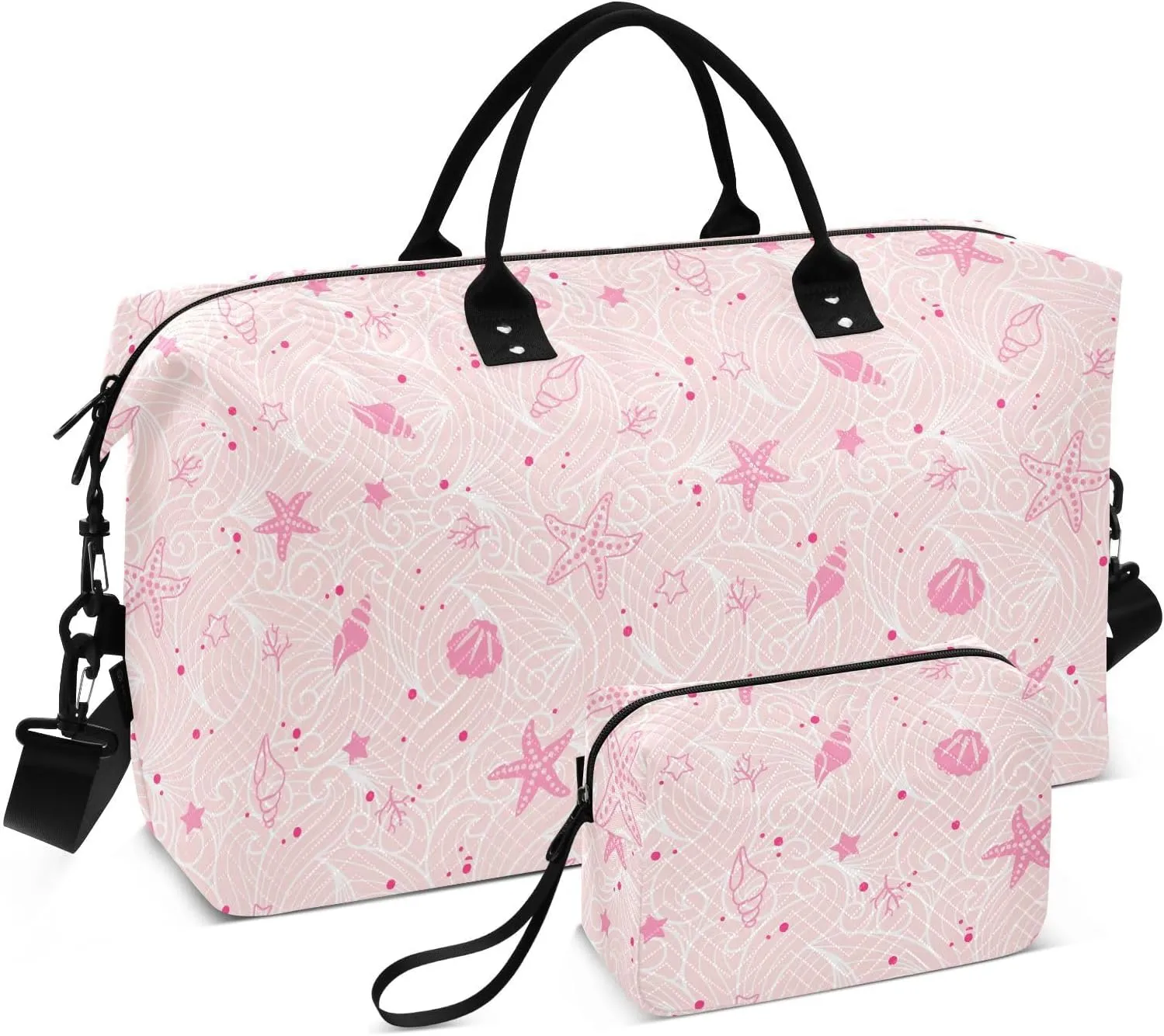 Aslsiy Travel Duffel Bags for Women Shellfish Summer Beach Sports Duffel Bag Pink Wave Weekender Bags Gym Bag with Toiletry Bag Carry on Overnight Bag