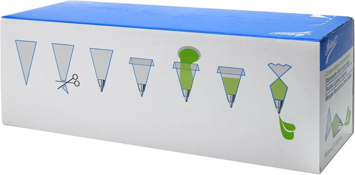 Ateco Compostable and Disposable Piping and Cake Decorating Bags, 12" - Pack of 100, White Biodegradable