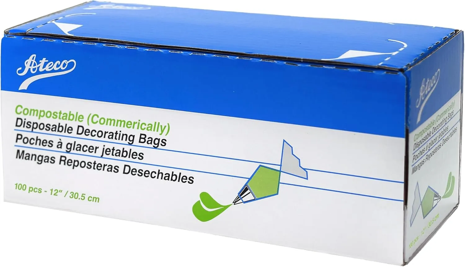 Ateco Compostable and Disposable Piping and Cake Decorating Bags, 12" - Pack of 100, White Biodegradable
