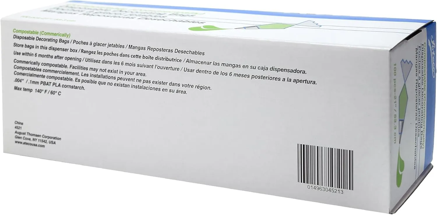 Ateco Compostable and Disposable Piping and Cake Decorating Bags, 12" - Pack of 100, White Biodegradable