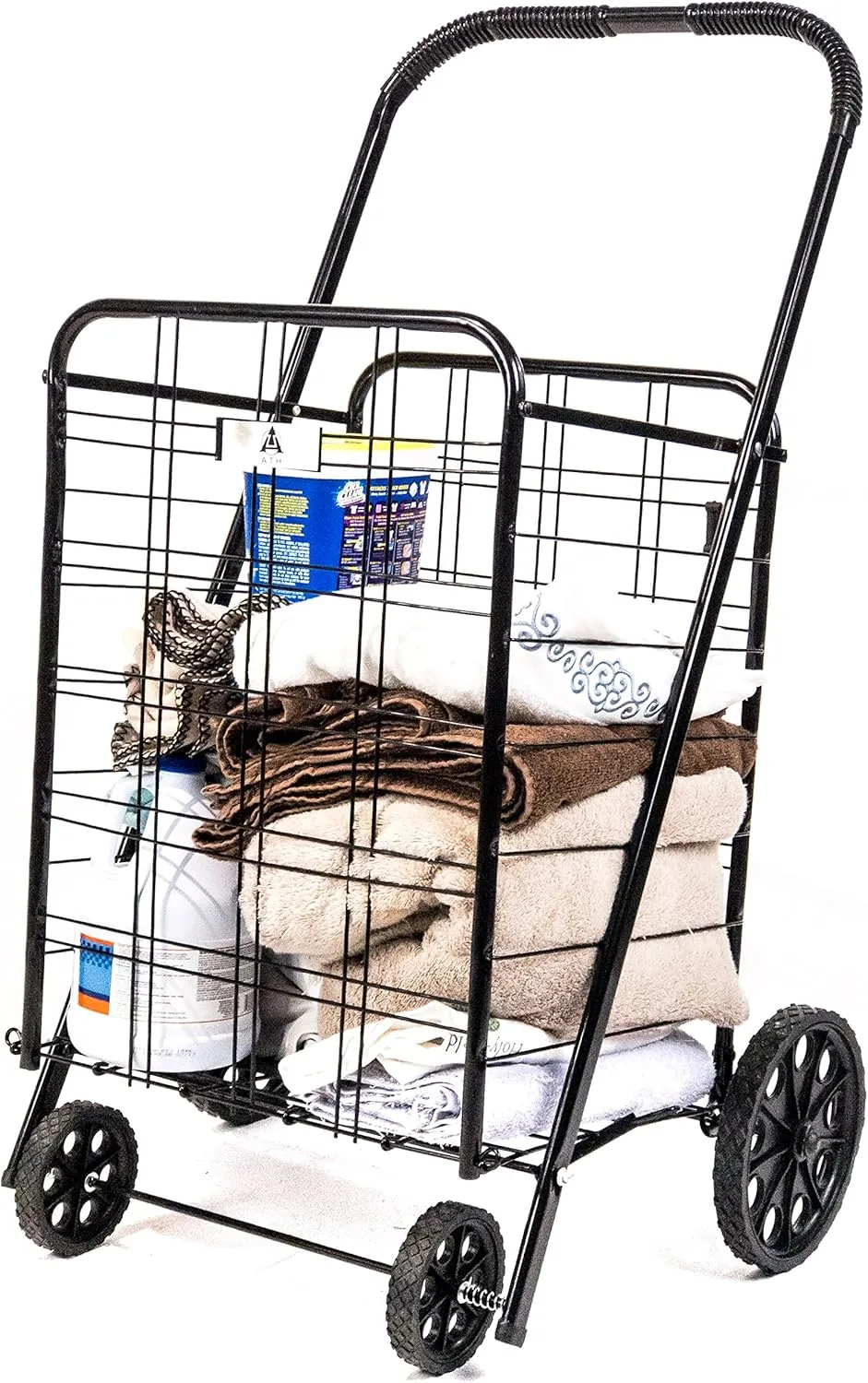 ATH Large Deluxe Rolling Utility / Shopping Cart - Stowable Folding Heavy Duty Cart with Rubber Wheels For Haul Laundry, Groceries, Toys, Sports Equipment, (Black, XL)