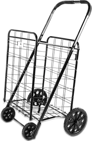 ATH Large Deluxe Rolling Utility / Shopping Cart - Stowable Folding Heavy Duty Cart with Rubber Wheels For Haul Laundry, Groceries, Toys, Sports Equipment, (Black, XL)