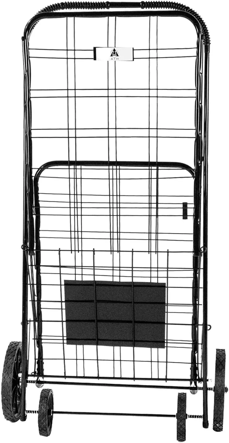 ATH Large Deluxe Rolling Utility / Shopping Cart - Stowable Folding Heavy Duty Cart with Rubber Wheels For Haul Laundry, Groceries, Toys, Sports Equipment, (Black, XL)