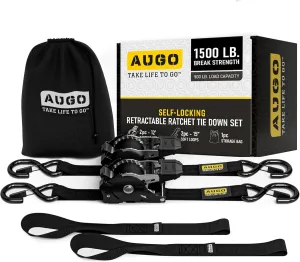 AUGO Self-Locking Retractable Ratchet Straps | 2 Heavy Duty Self-Tensioning Retractable Tie Down Straps with Soft Loops & Storage Bag | for Motorcycle, Truck, Cargo | 1500Lb Break Strength 1” x 12’