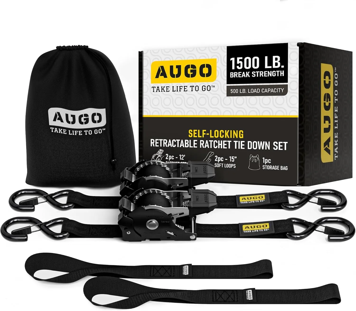 AUGO Self-Locking Retractable Ratchet Straps | 2 Heavy Duty Self-Tensioning Retractable Tie Down Straps with Soft Loops & Storage Bag | for Motorcycle, Truck, Cargo | 1500Lb Break Strength 1” x 12’