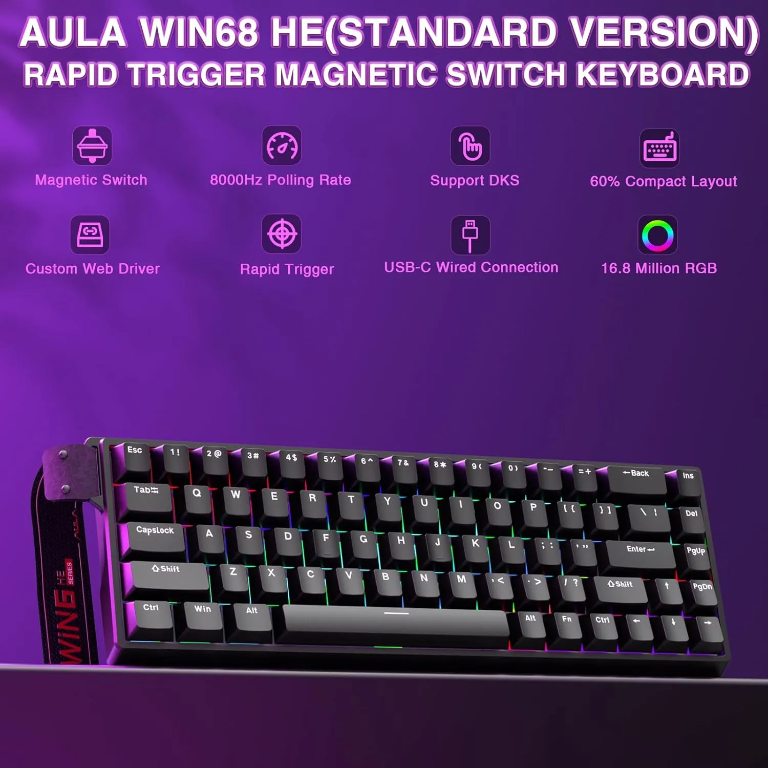 AULA WIN68 HE Mechanical Gaming Keyboard 60%, Hall Effect Magnetic Switch, Rapid Trigger Mode Adjustable Actuation, 8000Hz Polling Rate, RGB Backlit Wired Keyboard for Laptop/PC Gamer