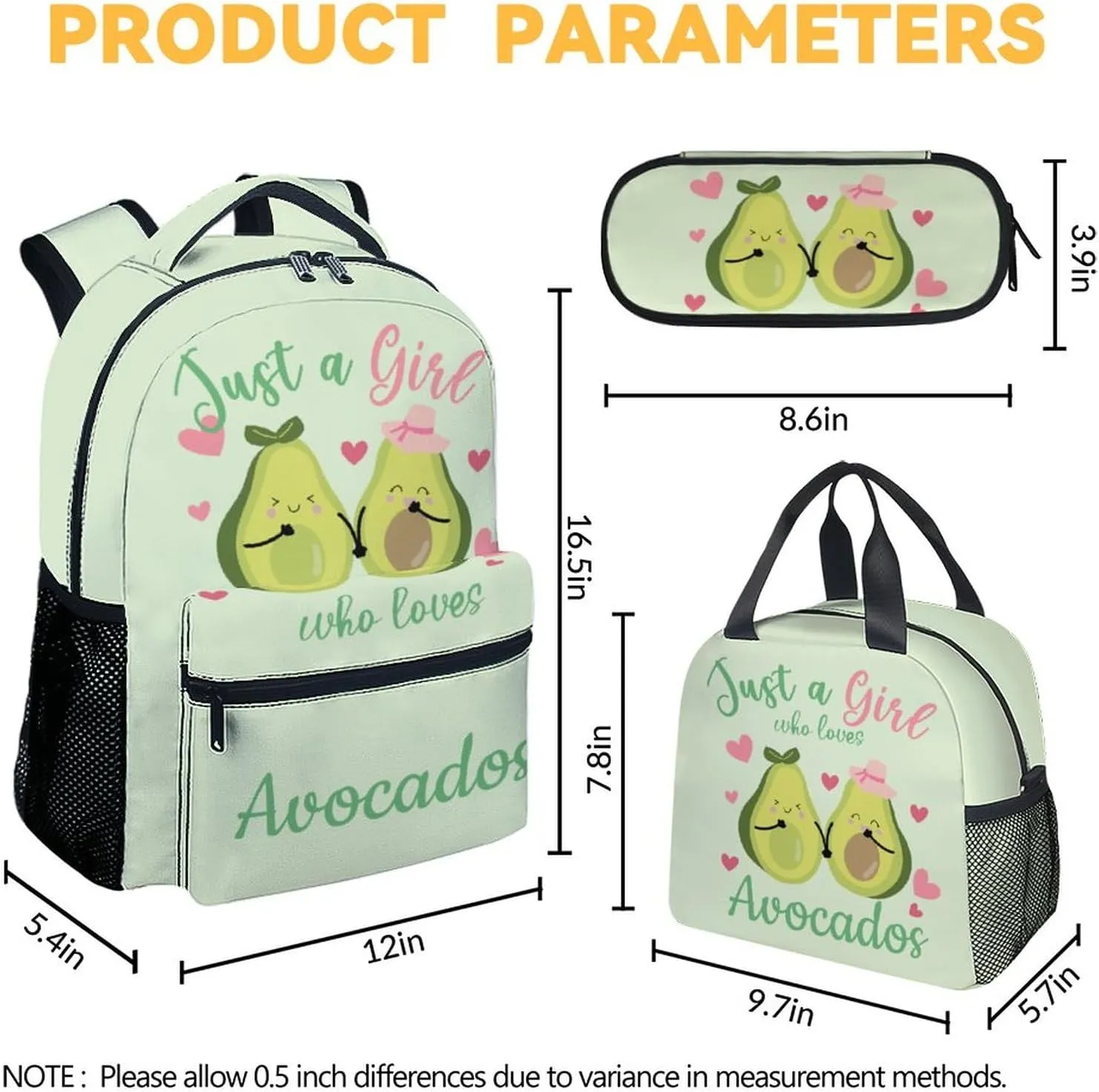 Avocado Backpack with Lunch Box Set for Girls - 3 in 1 Primary Middle School Backpacks Matching Combo - Large Capacity, Durable, Lightweight, Green Bookbag and Pencil Case Bundle