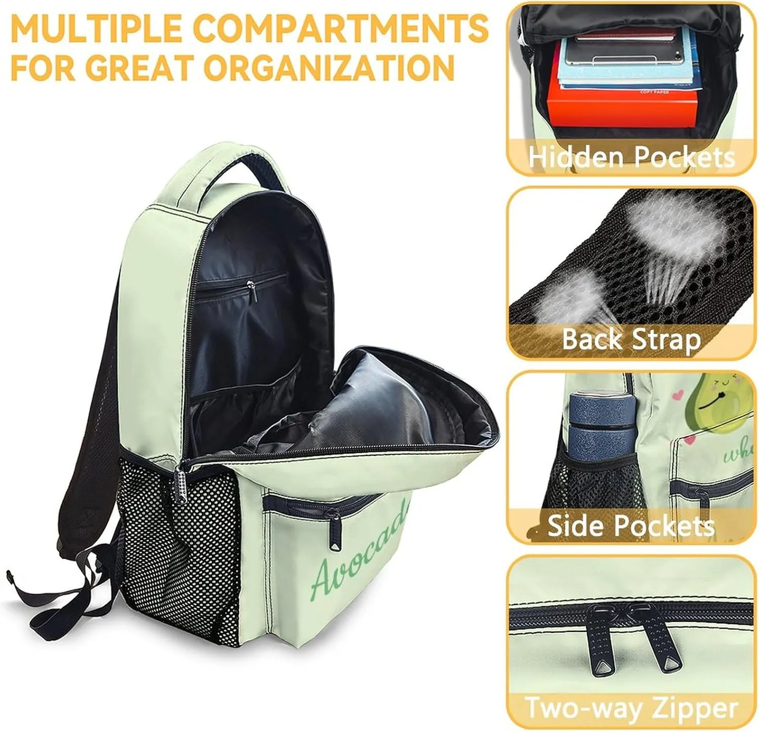 Avocado Backpack with Lunch Box Set for Girls - 3 in 1 Primary Middle School Backpacks Matching Combo - Large Capacity, Durable, Lightweight, Green Bookbag and Pencil Case Bundle