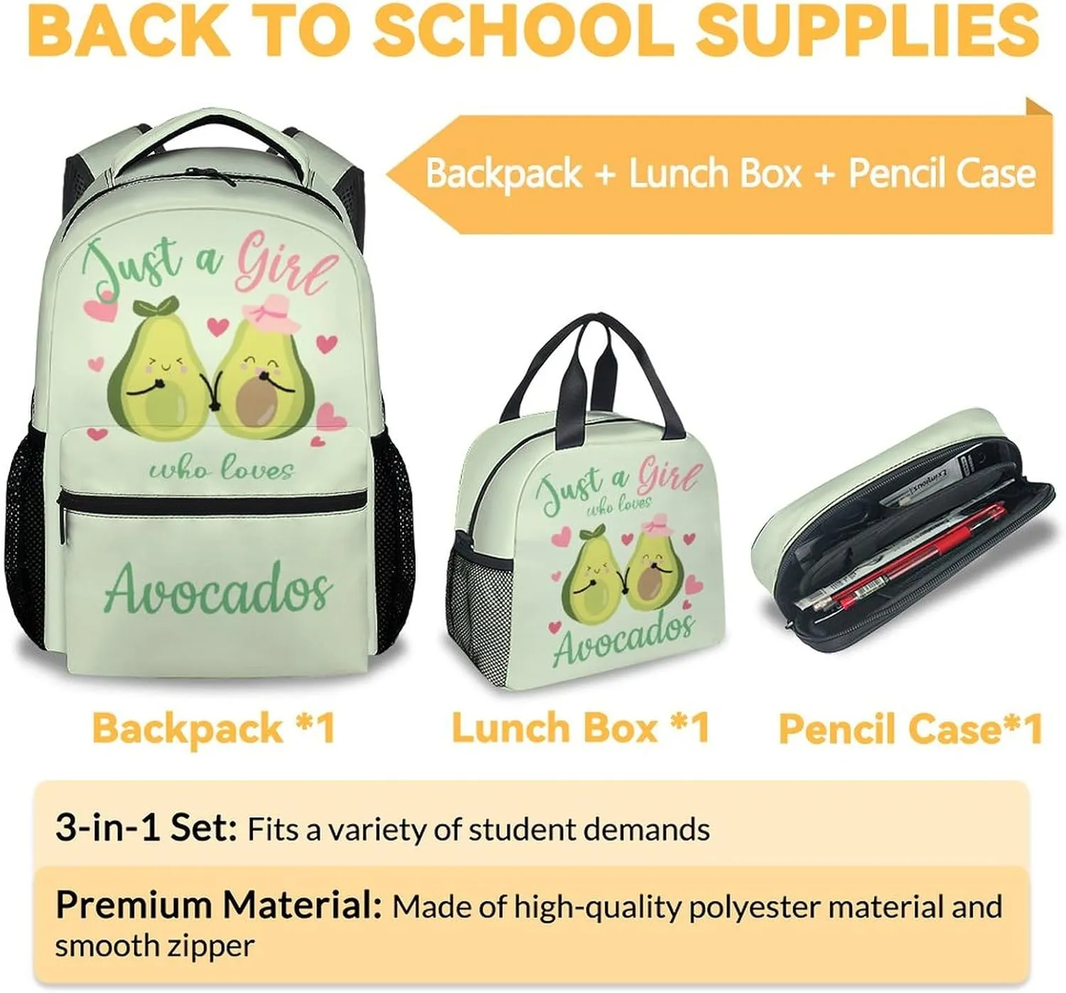 Avocado Backpack with Lunch Box Set for Girls - 3 in 1 Primary Middle School Backpacks Matching Combo - Large Capacity, Durable, Lightweight, Green Bookbag and Pencil Case Bundle