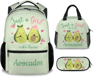 Avocado Backpack with Lunch Box Set for Girls - 3 in 1 Primary Middle School Backpacks Matching Combo - Large Capacity, Durable, Lightweight, Green Bookbag and Pencil Case Bundle