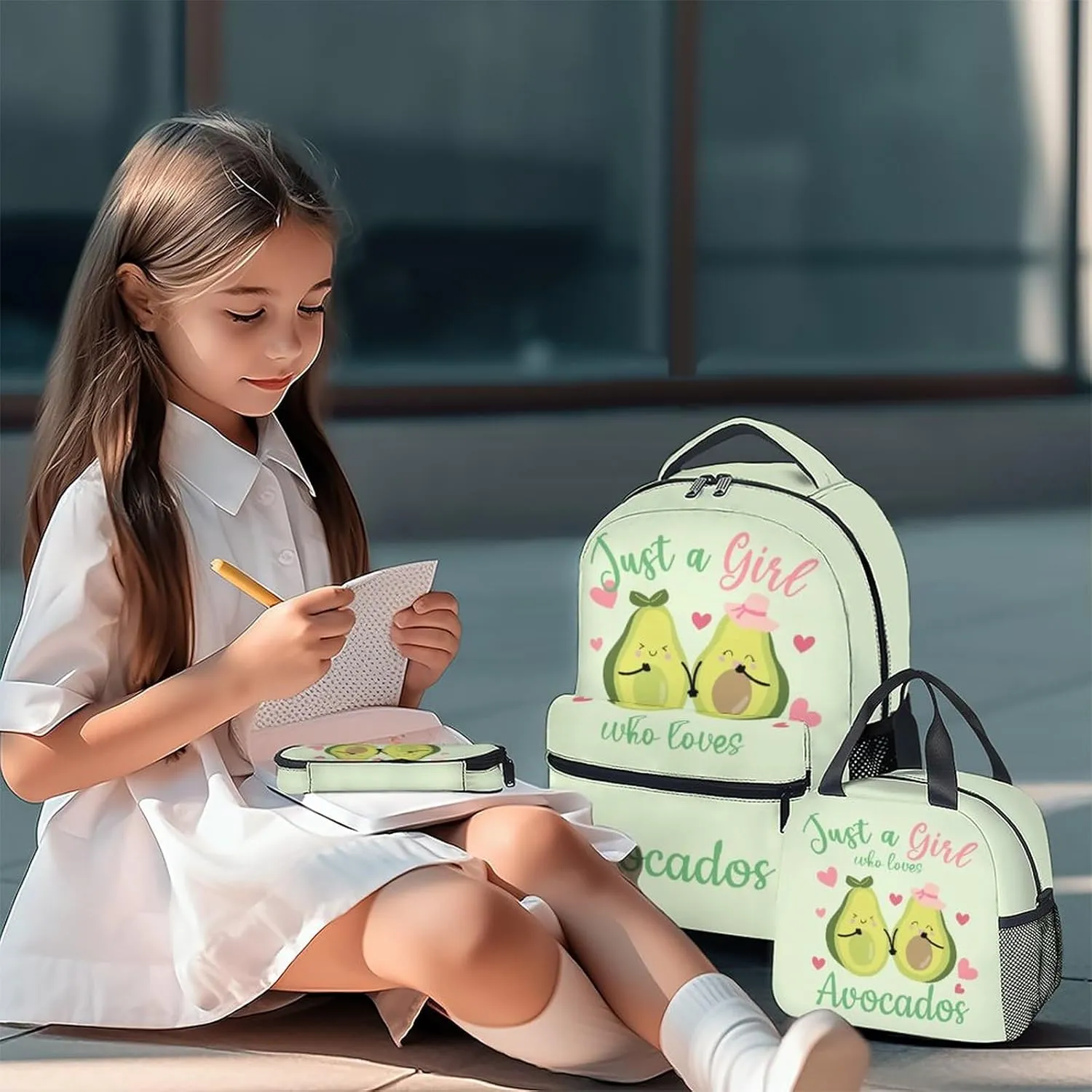 Avocado Backpack with Lunch Box Set for Girls - 3 in 1 Primary Middle School Backpacks Matching Combo - Large Capacity, Durable, Lightweight, Green Bookbag and Pencil Case Bundle