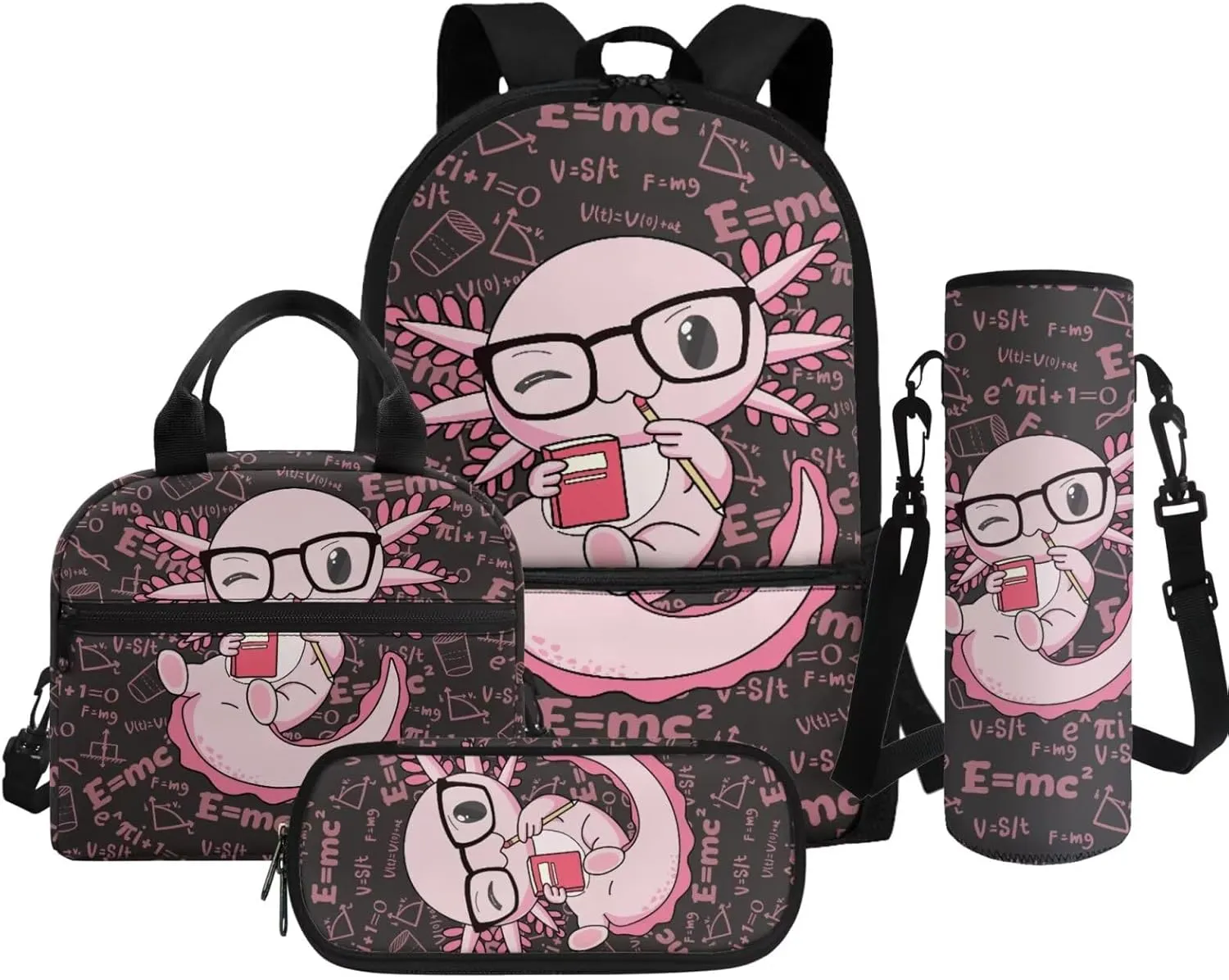 Axolotl Backpack and Lunch Box Set Formula Background Kindergarten Backpack for Girls Cloud Bookbag with Lunch Box Funny Back to School Supplies Daypack Bag