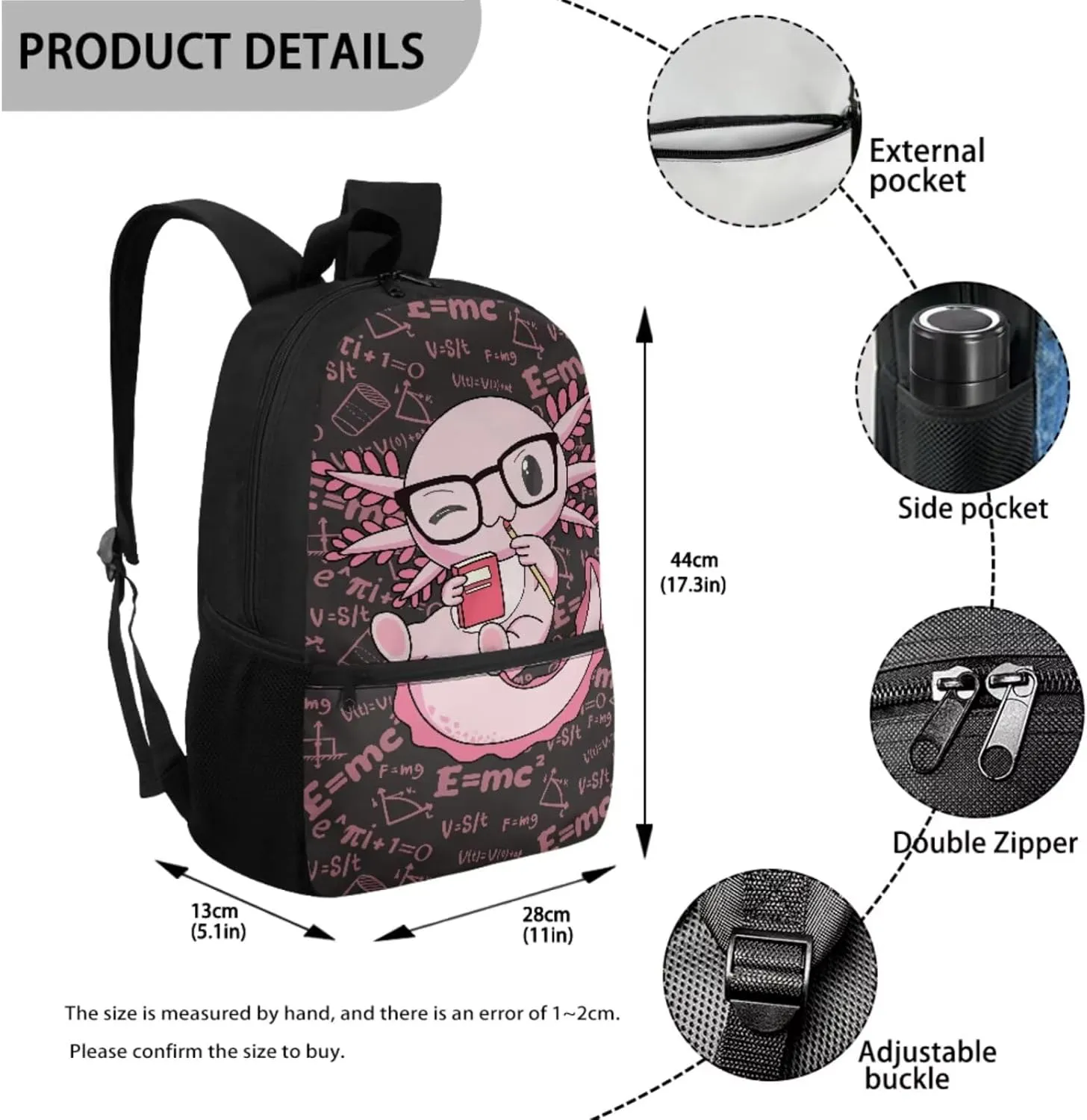 Axolotl Backpack and Lunch Box Set Formula Background Kindergarten Backpack for Girls Cloud Bookbag with Lunch Box Funny Back to School Supplies Daypack Bag