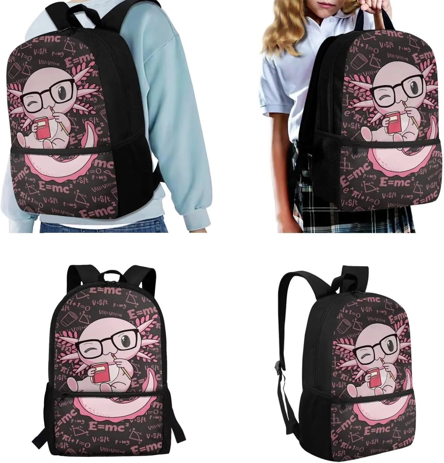 Axolotl Backpack and Lunch Box Set Formula Background Kindergarten Backpack for Girls Cloud Bookbag with Lunch Box Funny Back to School Supplies Daypack Bag