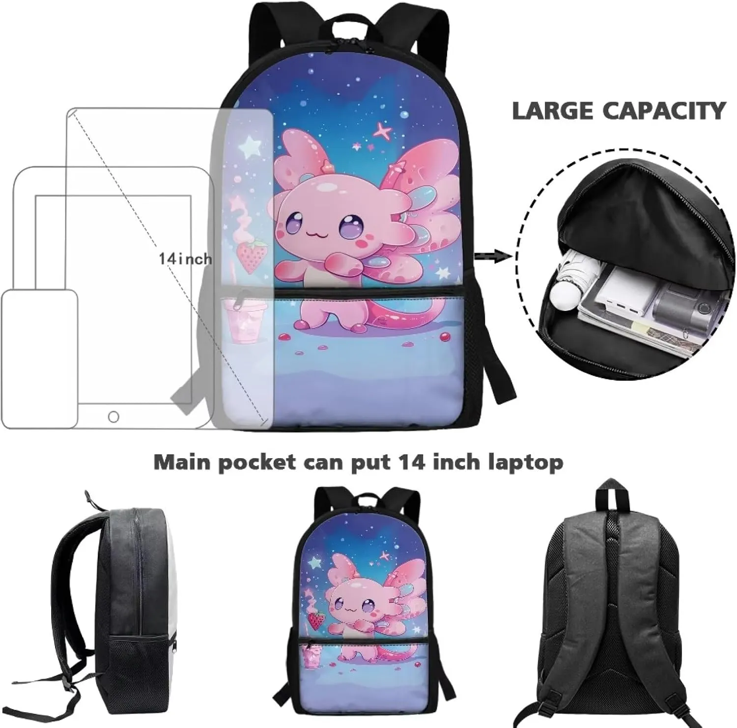 Axolotl Backpack for Girls 10-12/8-10 Middle School Bag Salamander Book Bag 1st Grade Bookbags for Kids 3Rd Grade/4Th Grade Elementary Schoolbag Student Back Pack
