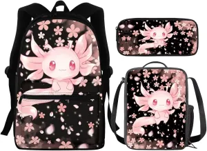 Axolotl Backpack for Girls Pink Cherry Blossom School Backpack Kids School Bag with Lunch Box Pencil Case Set 3 In 1 Preschool School Bookbag 16 Inch Backpacks for 3rd/4th/5th/6th Grade